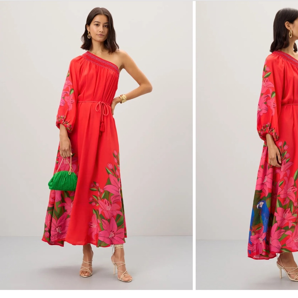 🔥Farm Rio Red one shoulder floral dress XS EUC